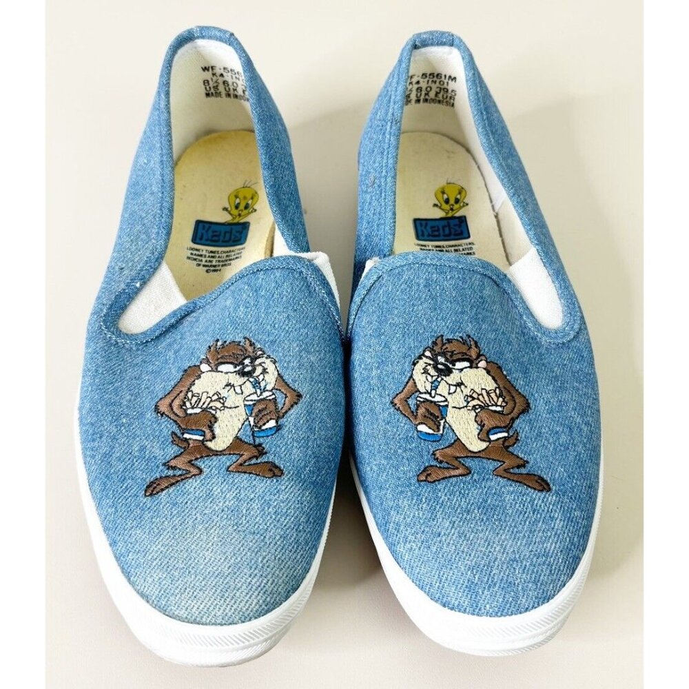 VTG Keds Sz 8.5 "Taz" Embroidered Looney Tunes Slip-On Blue Sneakers 1994 GUC